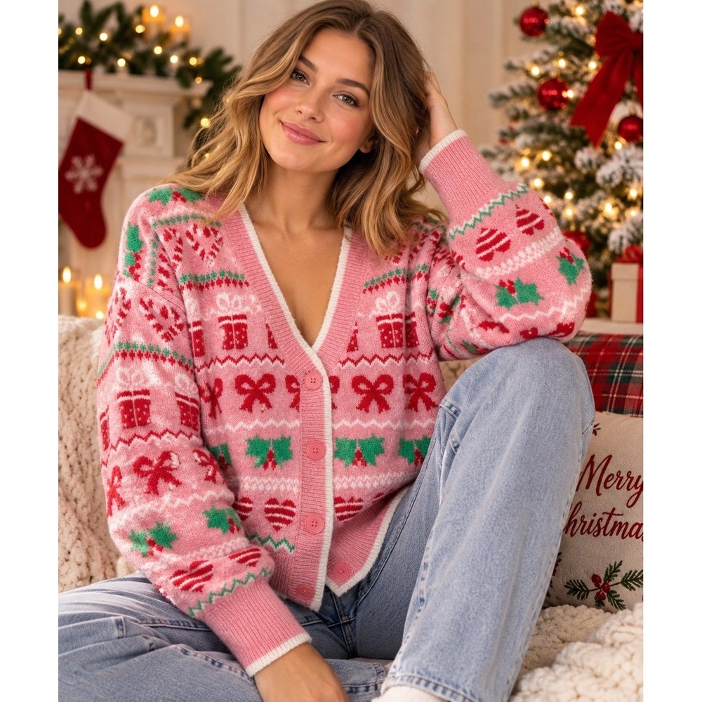 Primark Pink Christmas Fair Isle Cardigan XL Holiday Bow Gift Sweater